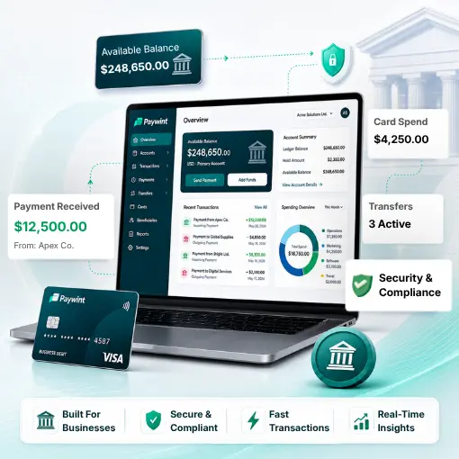 A Laptop Displaying a Paywint Financial Dashboard with a Debit Card, Transaction Data, and Icons Representing Business Banking and Security Features