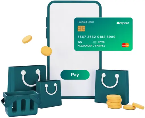 A 3D Smartphone with a Pay Button, a Green Paywint Prepaid Card, Shopping Bags, a Basket, and Floating Gold Coins on a Clean White Background