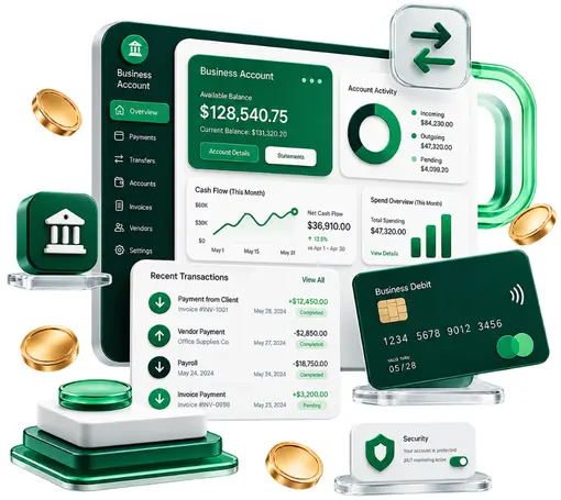 A 3D Dashboard Interface for a Business Bank Account Displays Financial Data, Transaction History, a Debit Card, and Gold Coins on a White Background