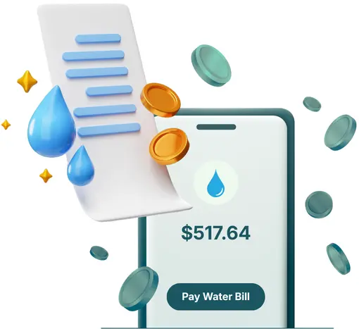 Manage Your Water Utility Payments Online A 3D Dashboard Interface for a Business Bank Account Displays Financial Data, Transaction History, a Debit Card, and Gold Coins on a White Background