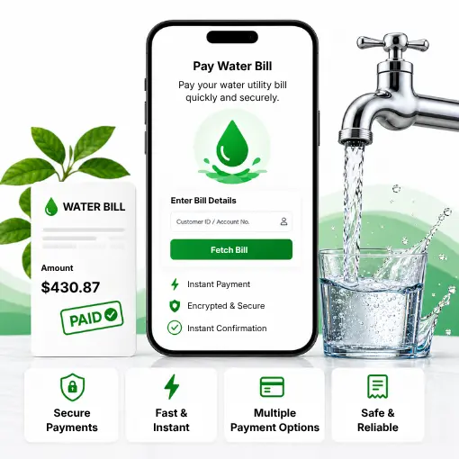 Pay Water Bill Mobile App Interface Showing Water Bill Payment with $430.87 Paid, Featuring Secure, Fast, and Multiple Payment Options, Alongside a Running Faucet