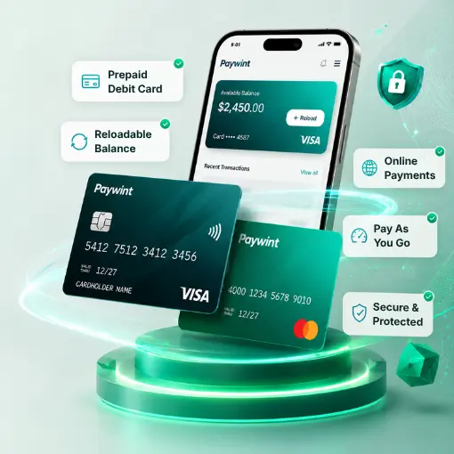A Smartphone Displaying a Banking App, Two Paywint Prepaid Cards, and Floating Icons Highlighting Features Like Secure Payments and a Reloadable Balance