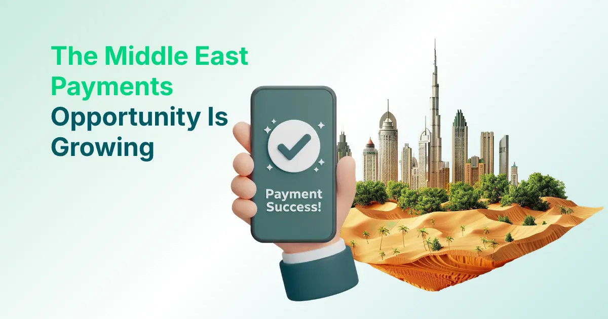 A Hand Holds a Smartphone Showing a Payment Success Icon, Set Against a Background of a Desert Landscape and a Modern Middle Eastern City Skyline