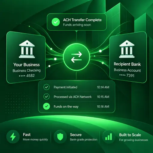 ACH Transfer A Digital Interface Showing an ACH Bank Transfer Between a Business Checking Account and a Recipient Bank, with Status Updates on a Green Background