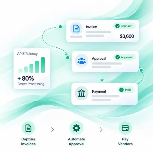 Flowchart Showing Automated Invoice Processing from Capture ($3,600), Approval, to Payment, Boosting AP Efficiency by 80% for Faster Processing