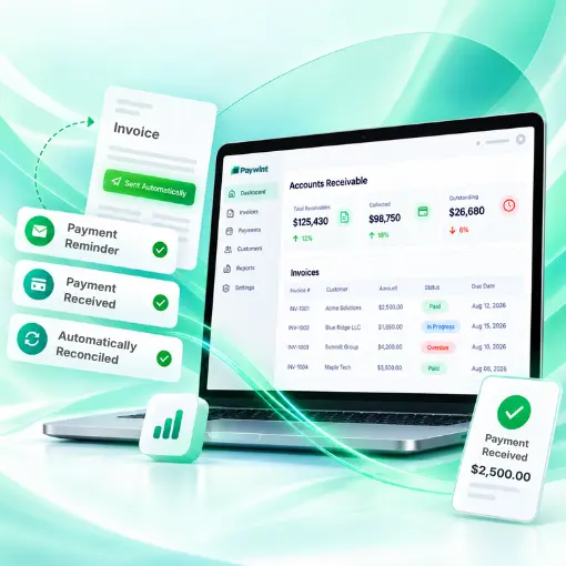 Accounts Receivable Automation Illustration of an Accounting Dashboard on a Laptop with Automated Payment Reminders, Reconciliation Notifications, and a Payment Received Confirmation