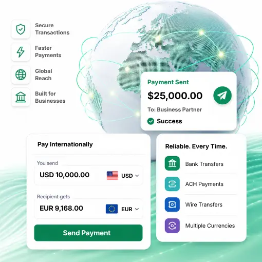 Interface Showing B2B Payment Features with Secure Transactions, Faster Payments, Global Reach, Business Focus, and a $25,000 Payment Sent