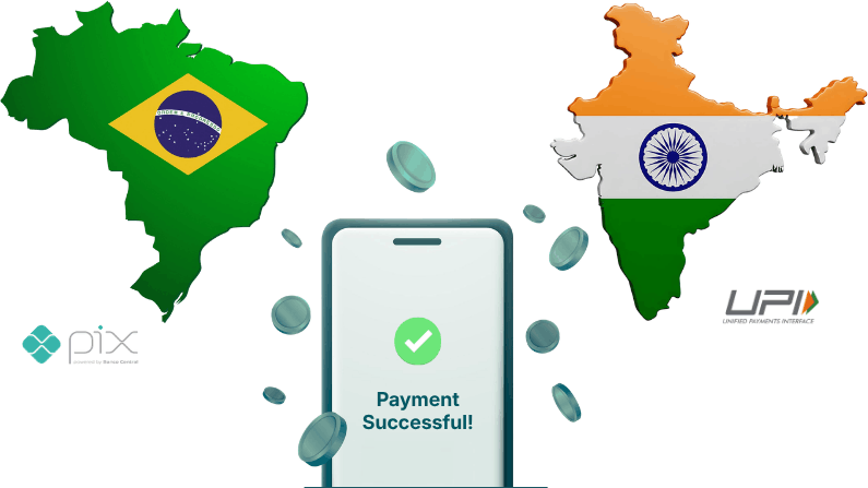 Illustration of Mobile Payment Success Between Brazil and India Using Pix and UPI Digital Payment Systems