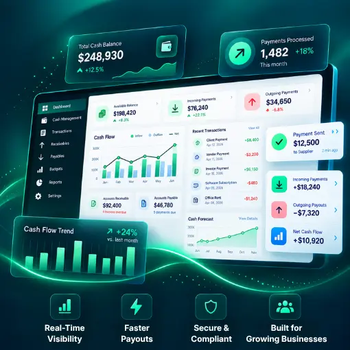 Business Cash Management Futuristic Business Finance Dashboard Displaying Cash Flow, Payments, Balances, Transactions, and Real-Time Analytics