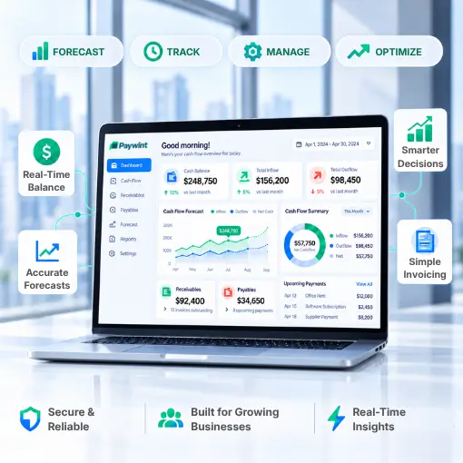 Laptop Displaying Paywint Financial Dashboard with Cash Flow Metrics, Forecasts, and Payments; Icons Highlight Features Like Real-Time Balance and Smarter Decisions