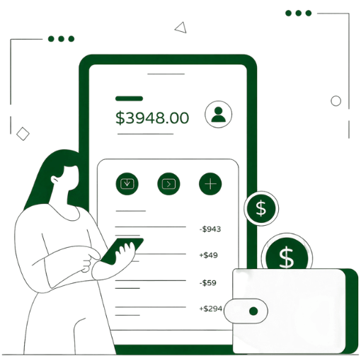 Cash Management for Businesses With Multiple Financial Needs Diagram Showing Monthly and Annual Plans with Invoices, Customer Profiles, Usage Tracking, and Payment Details in a Green and White Interface