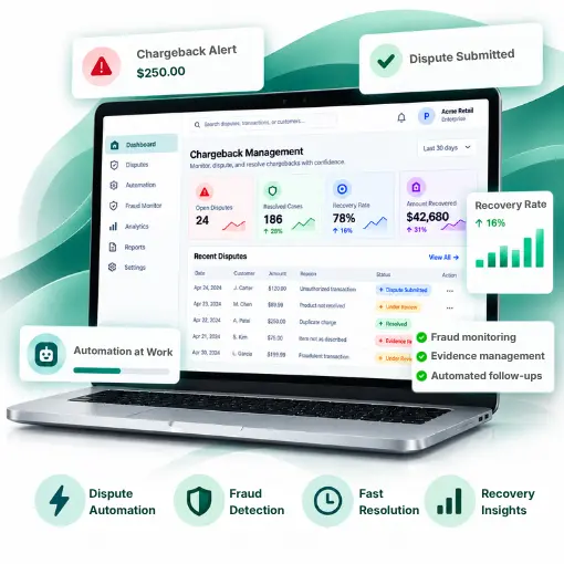 Chargeback Management Laptop Screen Showing Chargeback Management Dashboard with Dispute Tracking, Fraud Monitoring, Automation, and Recovery Rate Analytics