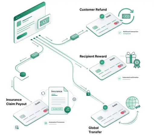 Convenient Card Payouts for Different Use Cases An Isometric Infographic Showing Financial Workflows for Customer Refunds, Recipient Rewards, Insurance Claim Payouts, and Global Money Transfers