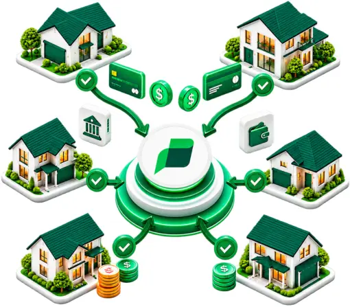 A Central Logo Surrounded by Six 3D Houses, Credit Cards, Coins, and Bank Icons, All Connected by Green Arrows Representing HOA Payment Collection