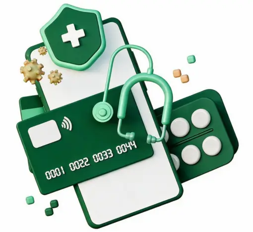 Convenient Payment Solutions for Healthcare Providers A 3D Illustration Featuring a Smartphone, a Green Credit Card, a Stethoscope, a Medical Shield, Pill Blisters, and Virus Icons on a White Background