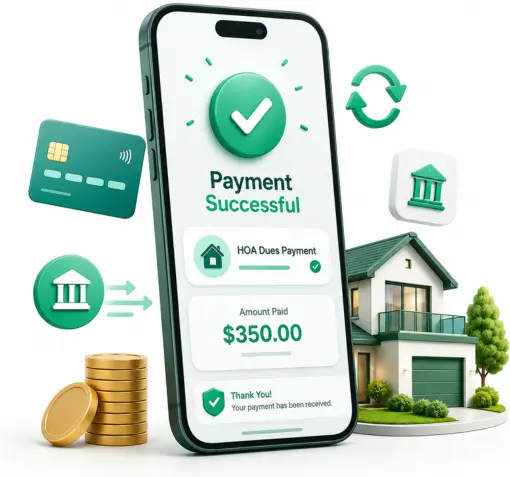 A Smartphone Screen Displays a Successful HOA Dues Payment of $350.00, Surrounded by 3D Icons of a Credit Card, Bank Building, Coins, and a House