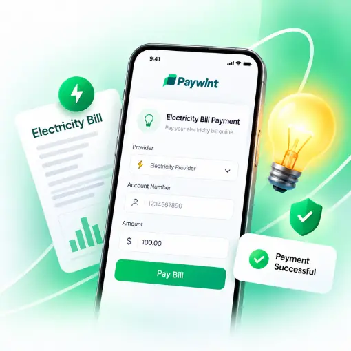 Paywint Mobile App Displaying an Electricity Bill Payment Form, with “Payment Successful” Confirmation, Bill Document, Light Bulb, and Security Checkmark
