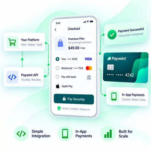 Embedded Payments A Digital Interface Showing an ACH Bank Transfer Between a Business Checking Account and a Recipient Bank, with Status Updates on a Green Background