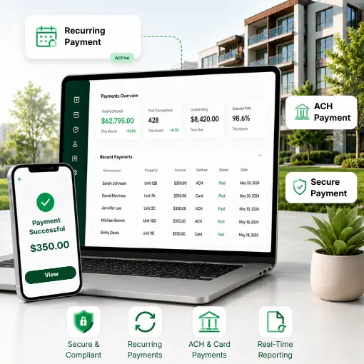 A Laptop and Smartphone Display a HOA Payment Dashboard with Transaction Data, Surrounded by Icons for Secure and Recurring Payments