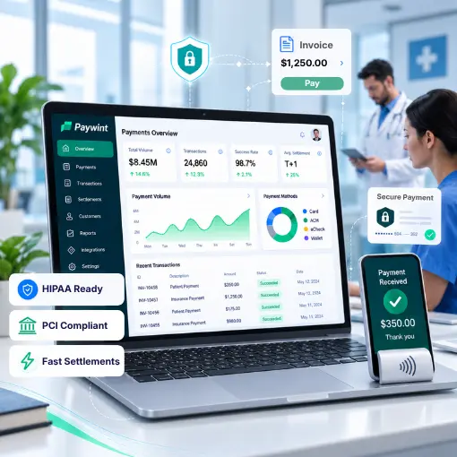 Healthcare Payment System A Laptop Displaying a Healthcare Payment System Dashboard with Transaction Data, Alongside a Smartphone Showing a Payment Received Screen in a Medical Office