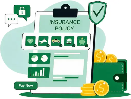 Insurance Payment Solutions for Everyday Operations Diagram Showing Monthly and Annual Plans with Invoices, Customer Profiles, Usage Tracking, and Payment Details in a Green and White Interface
