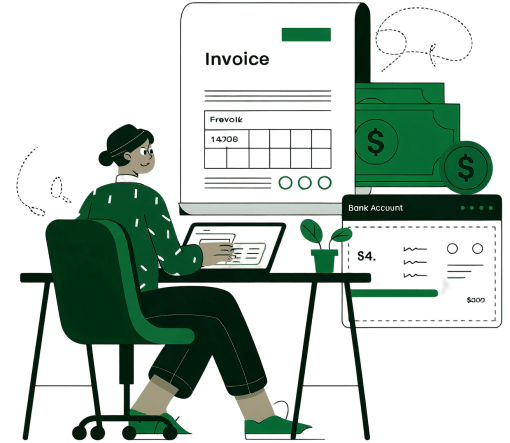 Illustration of a Person Working at a Desk with an Invoice on a Laptop, Cash, Coins, and a Bank Account Dashboard