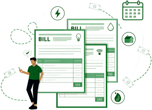 Keep Recurring Bills Under Control Illustration of an Online Invoice with a Calendar, Credit Card, Wallet, Currency Symbols, and a Bank Building Symbolizing Recurring Subscription