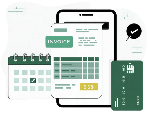 Illustration of an Online Invoice with a Calendar, Credit Card, Wallet, Currency Symbols, and a Bank Building Symbolizing Recurring Subscription