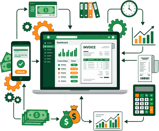 Less Manual Work Across Your Receivables Process Illustration of a Digital Invoicing Dashboard Surrounded by Money, Calculator, Charts, Documents, Gears, and Workflow Arrows