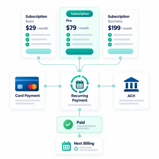 Manage Payments Across Your SaaS Business Illustration of an Online Invoice with a Calendar, Credit Card, Wallet, Currency Symbols, and a Bank Building Symbolizing Recurring Subscription