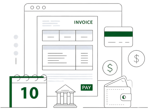 Illustration of an Online Invoice with a Calendar, Credit Card, Wallet, Currency Symbols, and a Bank Building Symbolizing Recurring Subscription