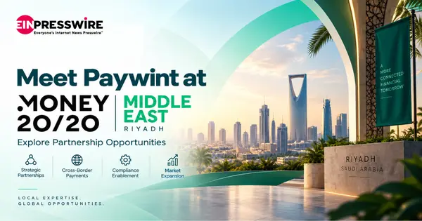 Promotional Graphic for Paywint at Money 20/20 Middle East in Riyadh, Featuring a City Skyline View Through an Archway and Business Service Icons