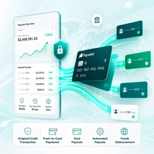 Original Credit Transaction A Digital Interface Showing a Mobile Payout Dashboard with a Secure Shield Icon, Credit Cards, and Flow Lines Connecting to Various Payment Records