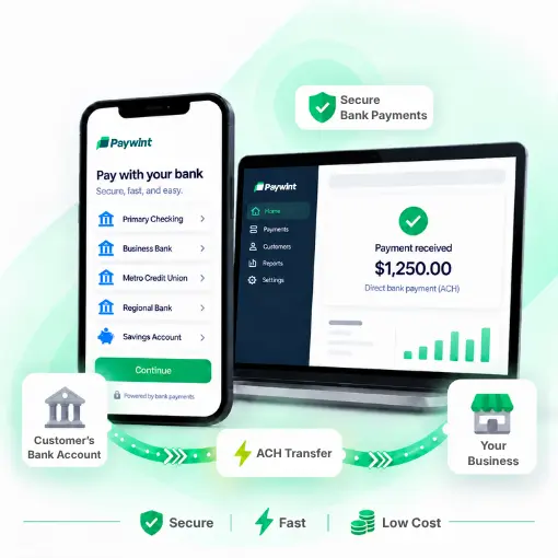 Mobile Phone and Laptop Displaying Paywint App for Secure Bank Payments, Showing Payment Received of $1,250 and Bank Account Options