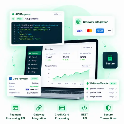 Payment API A Digital Dashboard Displaying Payment Processing Statistics, API Requests, and Secure Transaction Details on a Laptop Screen