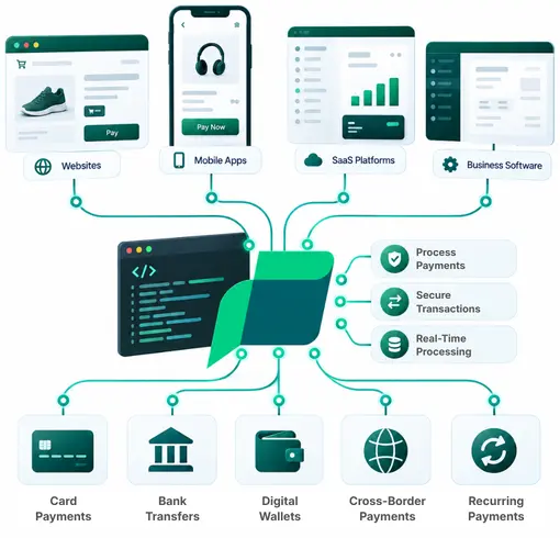 Payment API for Websites, Apps, and Platforms Diagram Showing Monthly and Annual Plans with Invoices, Customer Profiles, Usage Tracking, and Payment Details in a Green and White Interface