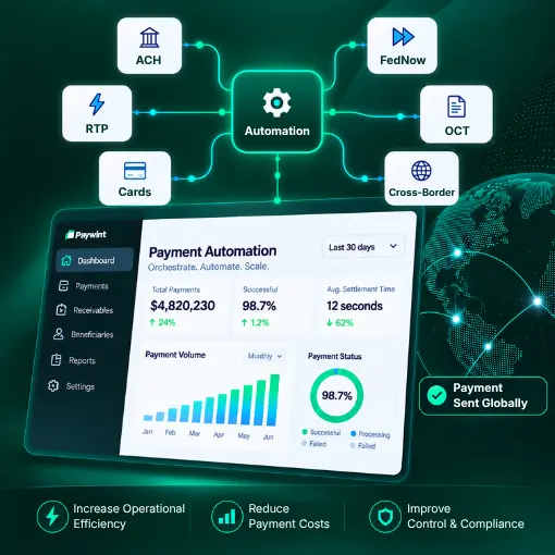 Dashboard Showcasing Automated Payment Processing with ACH, RTP, Cards, FedNow, OCT, and Cross-Border Options, Highlighting Efficiency and Global Reach