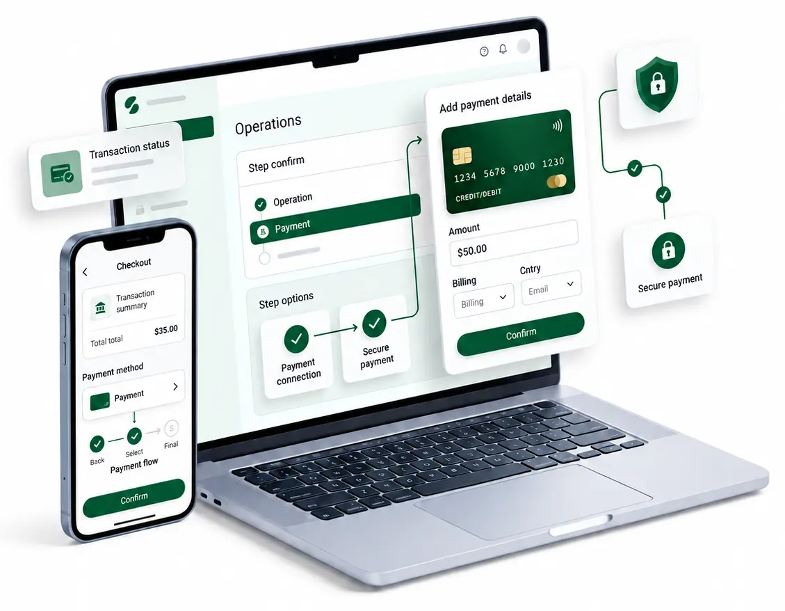 Payment Experiences Built Into Your Product A 3D Illustration Showing a Medical Bill, a Smartphone with a Payment Success Screen, a Credit Card, a Stethoscope, and a Recurring Payment Icon