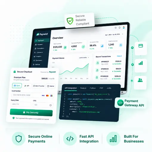 A Laptop Screen Showing a Paywint Dashboard with Payment Analytics, a Secure Checkout Form, and Code Snippets for a Payment Gateway API Integration