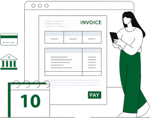 Payment Infrastructure for Growing SaaS Companies Diagram Showing Monthly and Annual Plans with Invoices, Customer Profiles, Usage Tracking, and Payment Details in a Green and White Interface