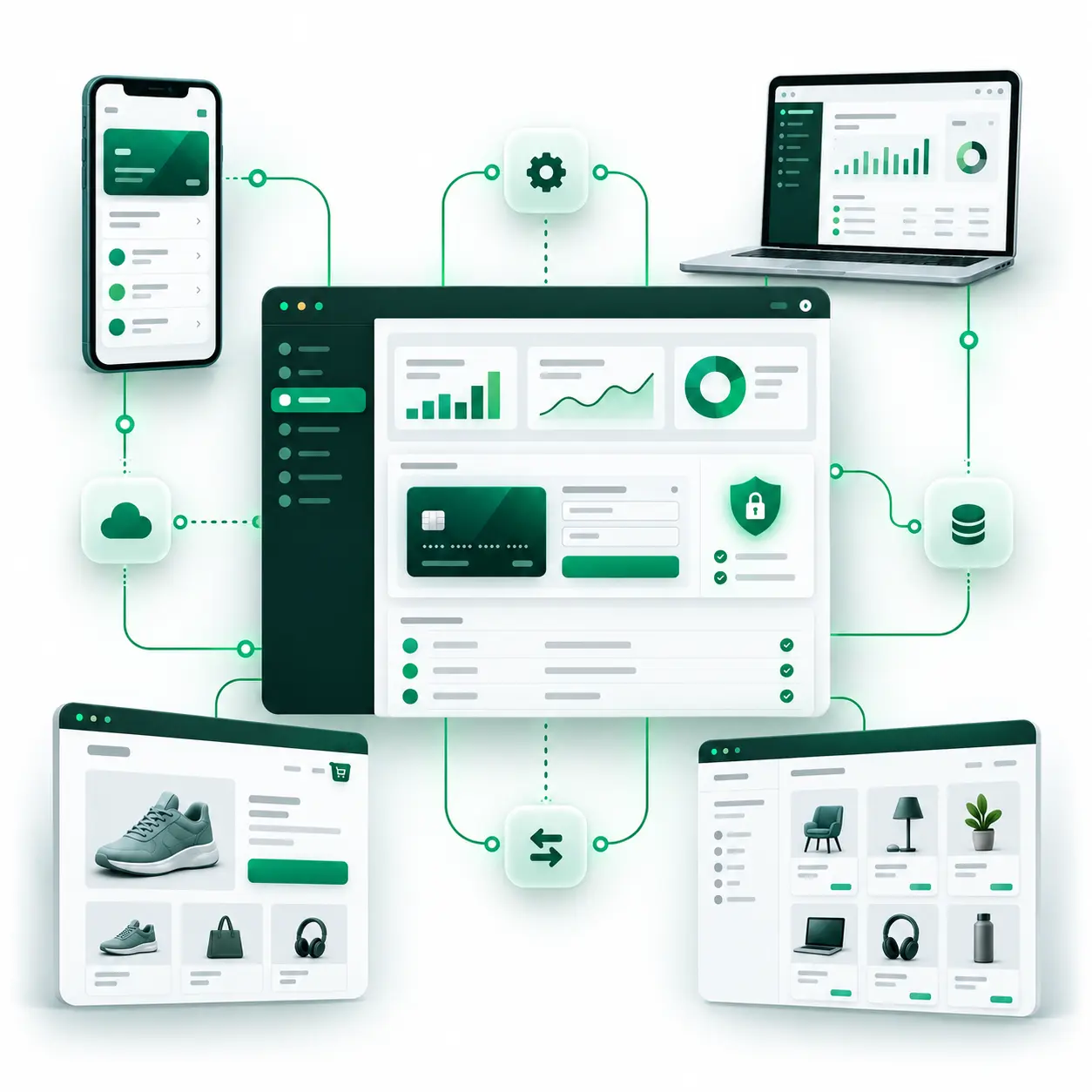 Payment Integration for Modern Digital Platforms A Digital Dashboard with Green Accents Connected to a Smartphone, Laptop, and E-Commerce Interfaces, Illustrating Embedded Payments