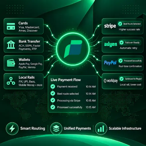 Infographic Showing a Live Payment Flow Connecting Various Payment Methods Like Cards, Bank Transfers, and Wallets to Processors Like Stripe and Adyen