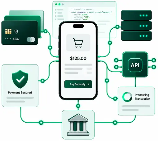 Payment Processing for Modern Applications Illustration of an Online Invoice with a Calendar, Credit Card, Wallet, Currency Symbols, and a Bank Building Symbolizing Recurring Subscription
