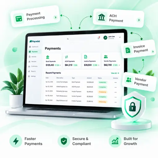 Illustration of a Paywint Payment Dashboard on a Laptop, Surrounded by Payment Options, Plants, and a Secure Shield Icon