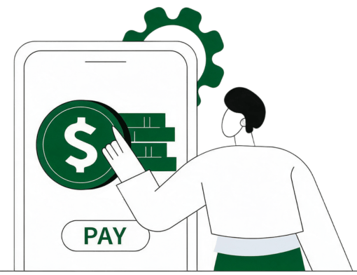 Illustration of an Online Invoice with a Calendar, Credit Card, Wallet, Currency Symbols, and a Bank Building Symbolizing Recurring Subscription