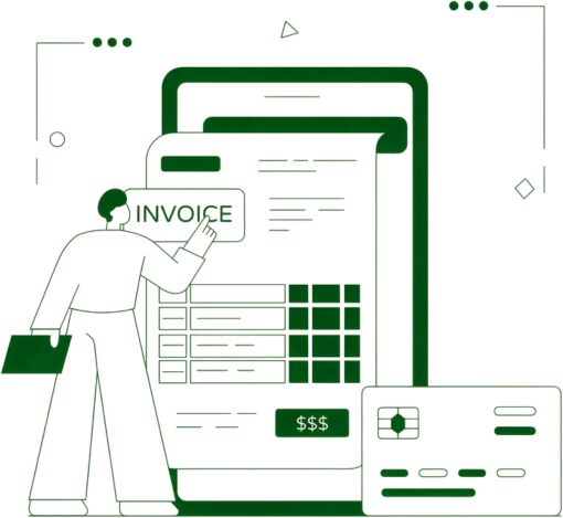 Diagram Showing Monthly and Annual Plans with Invoices, Customer Profiles, Usage Tracking, and Payment Details in a Green and White Interface