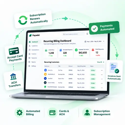 Laptop Displaying Recurring Billing Dashboard with Features Like Automatic Payments, Subscription Renewals, Card and ACH Payments, and Invoicing Automation
