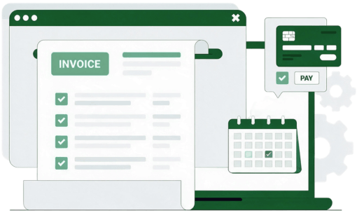 Diagram Showing Monthly and Annual Plans with Invoices, Customer Profiles, Usage Tracking, and Payment Details in a Green and White Interface