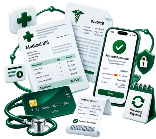 Simplify Healthcare Payment Management A 3D Illustration Showing a Medical Bill, a Smartphone with a Payment Success Screen, a Credit Card, a Stethoscope, and a Recurring Payment Icon