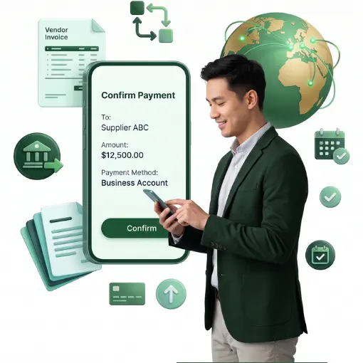A 3D Dashboard Interface for a Business Bank Account Displays Financial Data, Transaction History, a Debit Card, and Gold Coins on a White Background